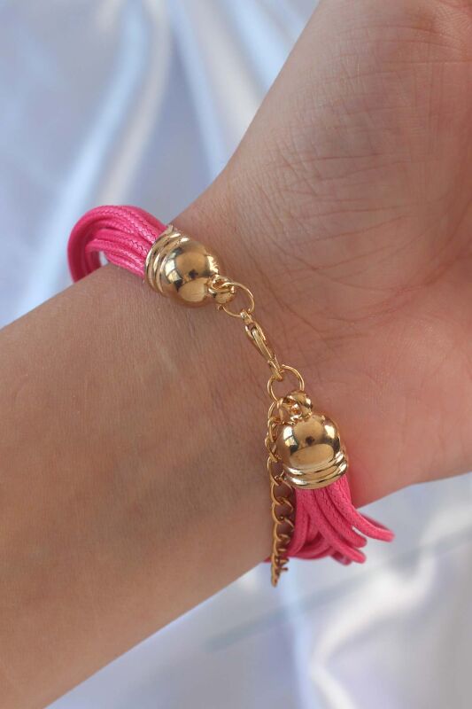 Pembe Renk Zirkon Taşlı Metal Aksesuarlı İpli Çoklu Bileklik - EBJ240928W28259 - 2