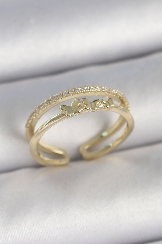 Pirinç Gold Renk 2'Li Sıra Zirkon Taş Detaylı Kelebek Figürlü Ayarlanabilir Model Kadın Yüzük - EBJ250501W33627 - 1