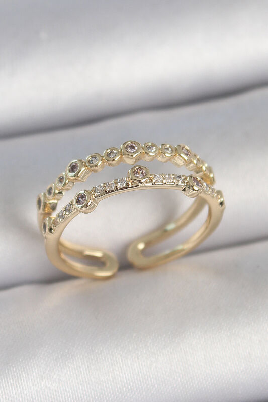 Pirinç Gold Renk 2'Li Sıralı Zirkon Taşlı Ayarlanabilir Model Kadın Yüzük - EBJ250501W33637 - 1