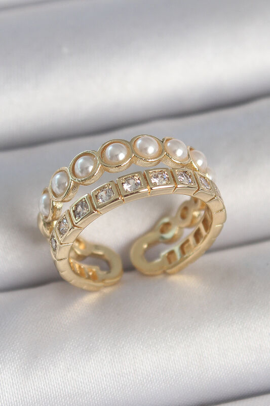 Pirinç Gold Renk 2'Li Zirkon Taşlı Ve İncili Ayarlanabilir Kadın Yüzük - EBJ250501W33615 - 1