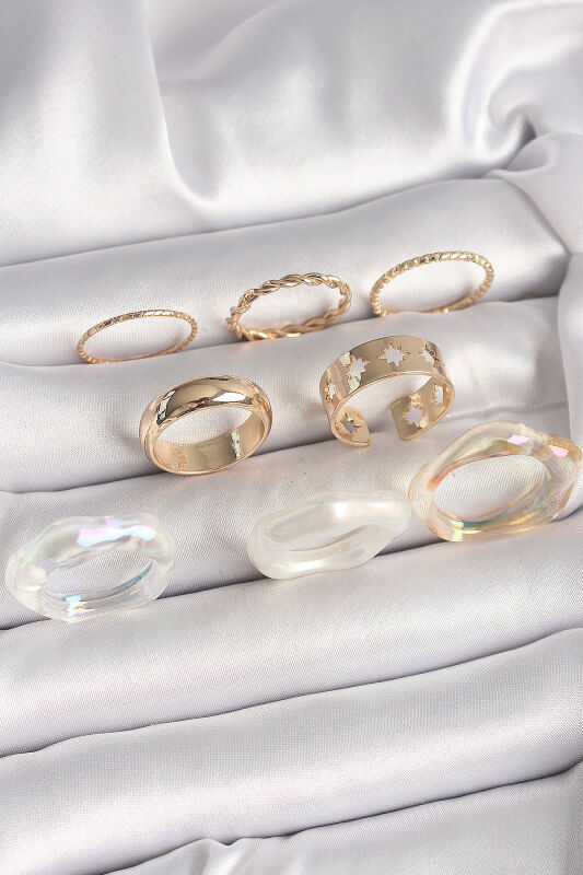 Pirinç Gold Renk Beyaz Akrilik Plastik Modek Kutup Yıldız İşleme Detay Kadın Yüzük Seti - EBJ250412W32489 - 1