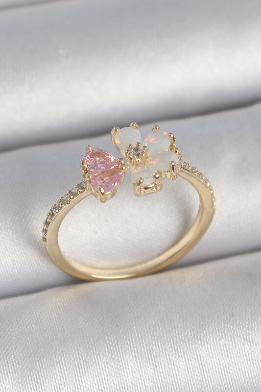 Pirinç Gold Renk Beyaz Mineli Pembe Zirkon Taşlı Çiçek Model Kadın Yüzük - EBJ250501W33603 - 1