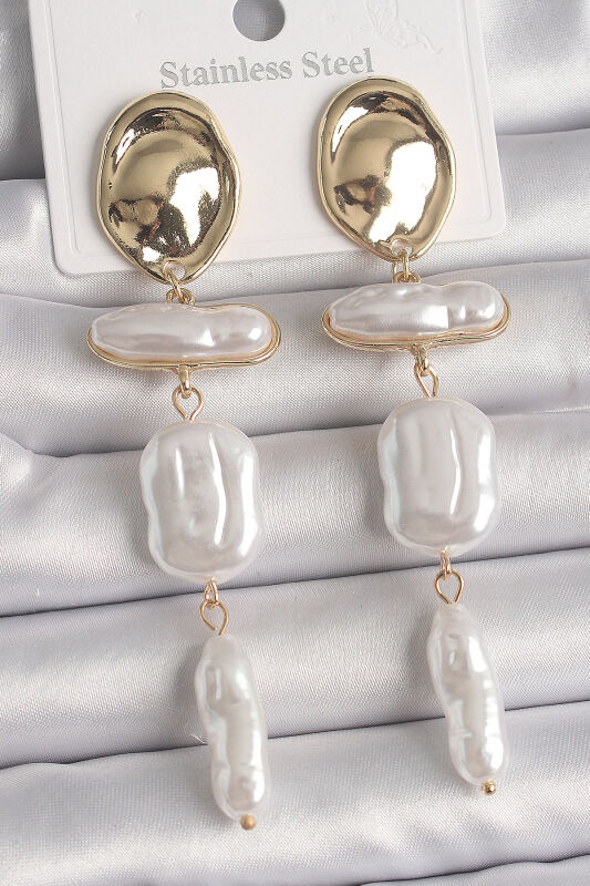 Pirinç Gold Renk Daire Plaka Model Sallantı Ezme İnci Model Kadın Küpe - EBJ250201W30950 - 1