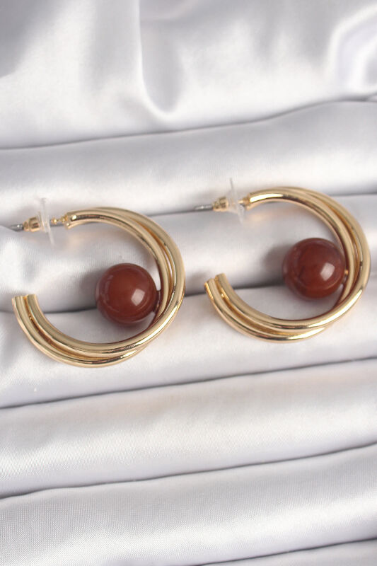 Pirinç Gold Renk Halka Model Kahverengi Boncuk Detay Kadın Küpe - EBJ250412W32564 - 1