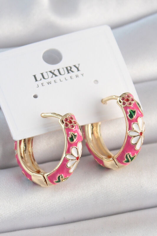 Pirinç Gold Renk Halka Model Pembe Çiçek İşlemeli Kadın Küpe - EBJ250501W33528 - 1