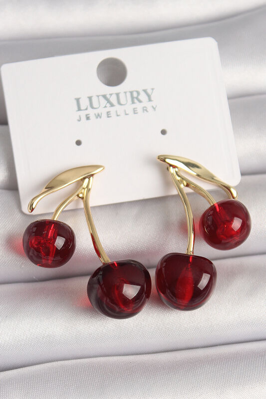 Pirinç Gold Renk Kırmızı Kiraz Model Kadın Küpe - EBJ250501W33512 - 1