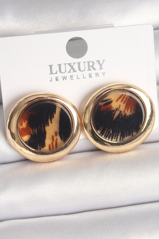 Pirinç Gold Renk Leopar Desen Daire Model Kadın Küpe - EBJ250412W32571 - 1