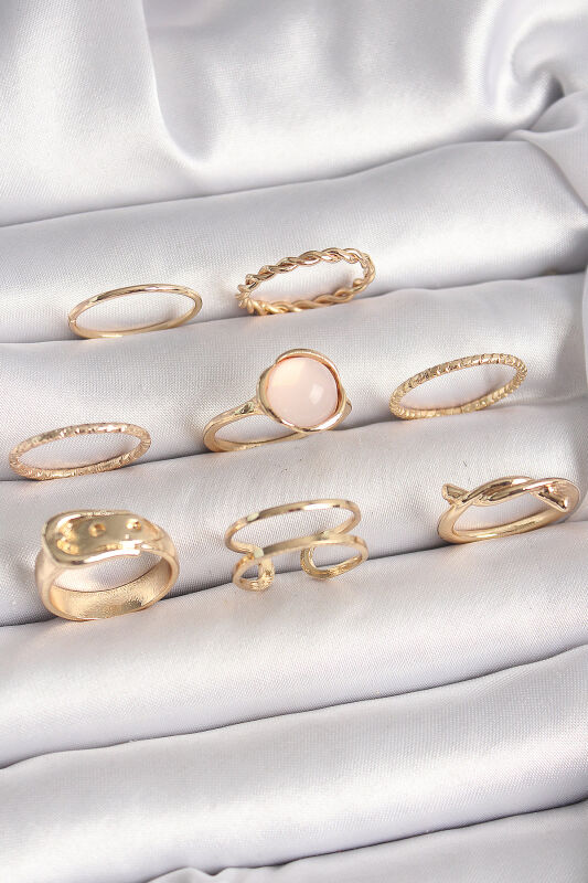 Pirinç Gold Renk Pembe Mineli Kemer Model Kadın Yüzük Seti - EBJ250412W32492 - 1