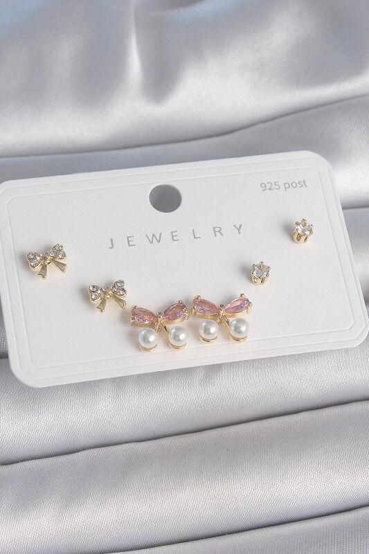 Pirinç Gold Renk Pembe Zirkon Taşlı Fiyonk Model İnci Detay 925 Ayar Gümüş Çivi Kadın Küpe Seti - EBJ250501W33540 - 1