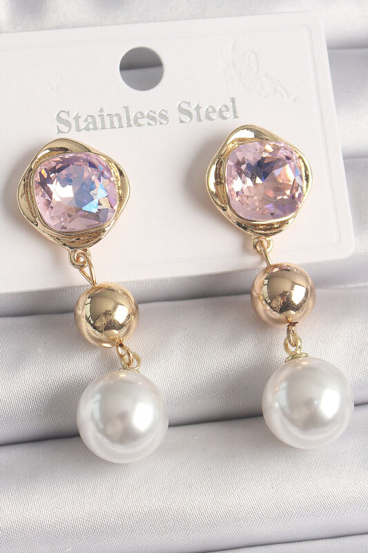 Pirinç Gold Renk Pembe Zirkon Taşlı Sallantı İnci Detay Kadın Küpe - EBJ250201W30964 - 1