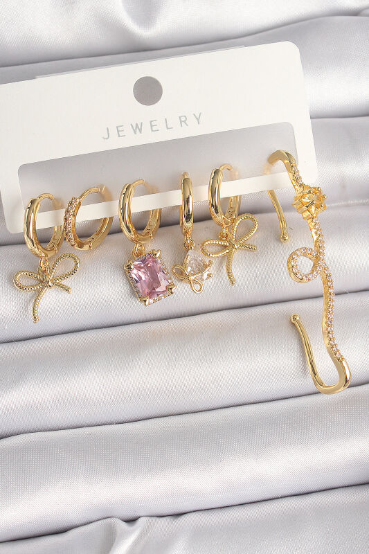 Pirinç Gold Renk Sallantı Kurdele Model Pembe Kare Zirkon Taşlı Kadın Küpe Seti - EBJ250412W32567 - 1