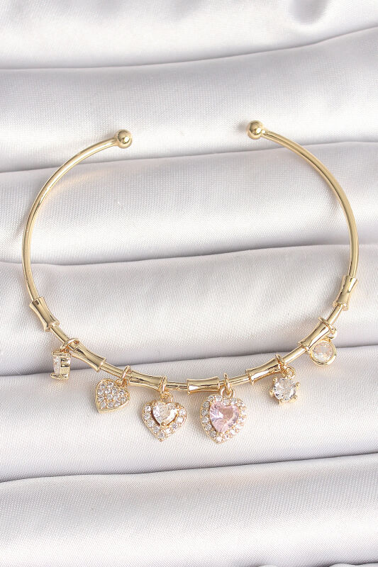 Pirinç Gold Renk Sallantı Pembe Zirkon Taşlı Kalp Figür Charm Kadın Bileklik - EBJ250501W32810 - 1