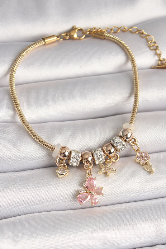 Pirinç Gold Renk Sallantı Pembe Zirkon Taşlı Kelebek Figür Çiçek Detay Charm Kadın Bileklik - EBJ250501W33506 - 1