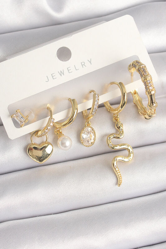 Pirinç Gold Renk Sallantı Yılan Model Zirkon Taşlı Halka Kilit Kalp Detay Kadın Küpe Seti - EBJ250412W32569 - 1