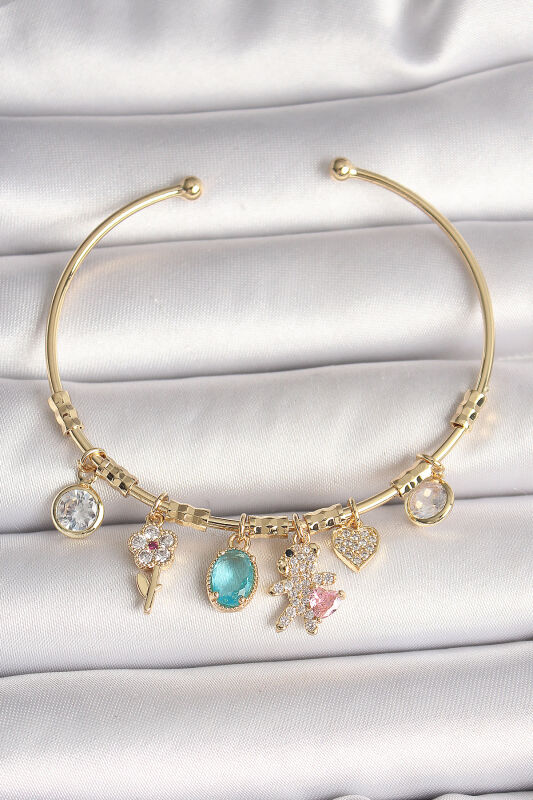 Pirinç Gold Renk Sallantı Zirkon Taşlı AYıcık Figür Kalp Detay Charm Kadın Bileklik - EBJ250501W32816 - 1