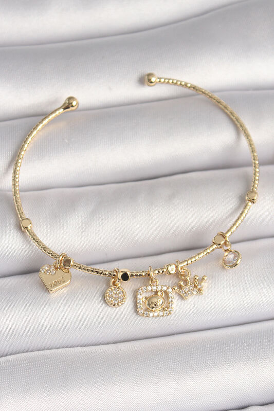 Pirinç Gold Renk Sallantı Zirkon Taşlı Ayıcık Figür Taç Detay Charm Kadın Bileklik - EBJ250501W33502 - 1