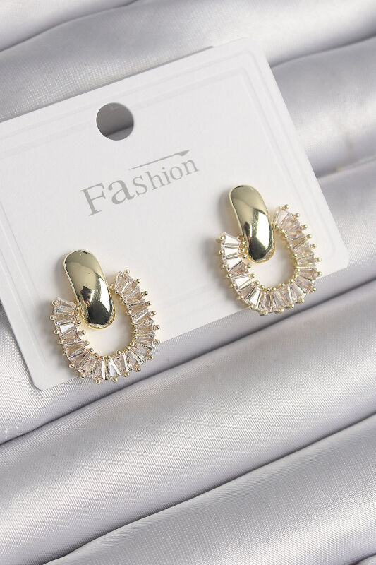 Pirinç Gold Renk Sallantı Zirkon Taşlı Kare Model Kadın Küpe - EBJ250113W30503 - 1