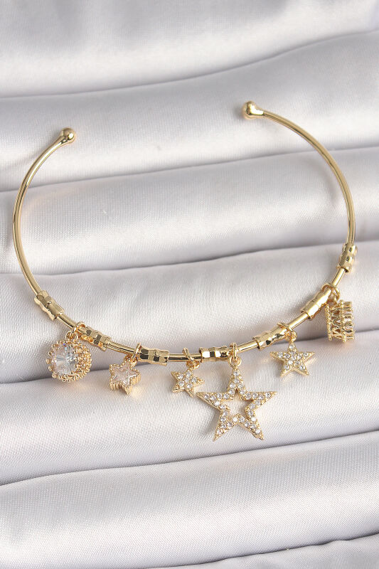 Pirinç Gold Renk Sallantı Zirkon Taşlı Yıldız Model Kalp Detay Charm Kadın Bileklik - EBJ250501W33504 - 1