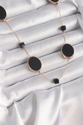 Pirinç Gold Renk Siyah Renk Oval Siyah Küp Detay Kadın Kolye - EBJ241221W30092 - 1