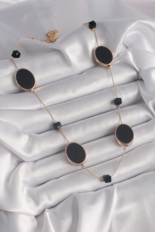 Pirinç Gold Renk Siyah Renk Oval Siyah Küp Detay Kadın Kolye - EBJ241221W30092 - 2