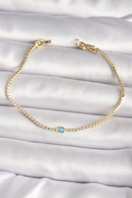 Pirinç Gold Renk Su Yolu Zirkon Taşlı Mavi Taşlı Kadın Bileklik - EBJ250118W30693 - 1