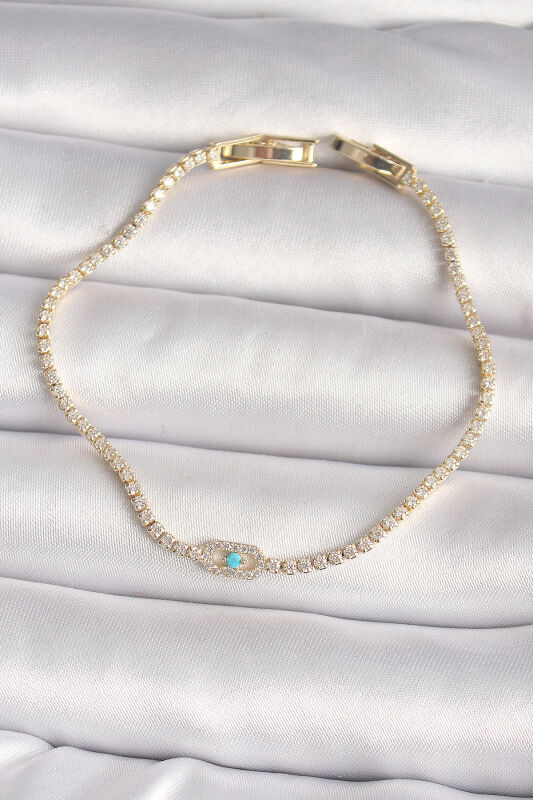 Pirinç Gold Renk Su Yolu Zirkon Taşlı Mavi Taşlı Messika Model Kadın Bileklik - EBJ250118W30701 - 1