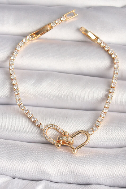 Pirinç Gold Renk Su Yolu Zirkon Taşlı Tiffany Model Kadın Bileklik - EBJ250118W30707 - 1