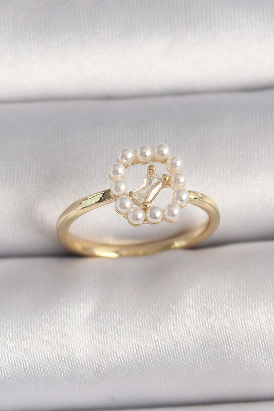 Pirinç Gold Renk Zirkon Taş Detaylı İncili Ayarlanabilir Yüzük - EBJ250113W30561 - 1