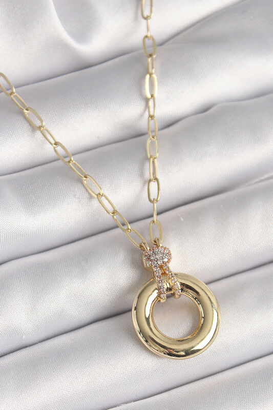 Pirinç Gold Renk Zirkon Taş Detaylı Madalyon Model Kadın Kolye - EBJ250301W31671 - 1
