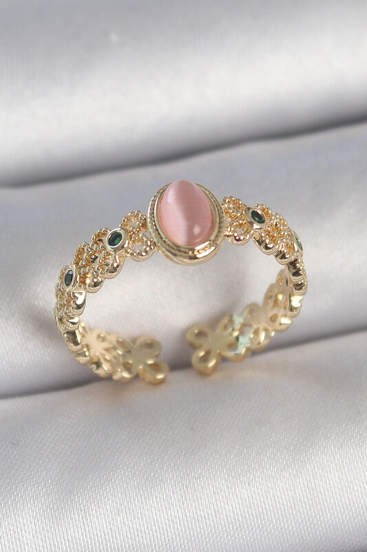 Pirinç Gold Renk Zirkon Taş Detaylı Pembe Mineli Damla Model Ayarlanabilir Kadın Yüzük - EBJ250501W33619 - 1