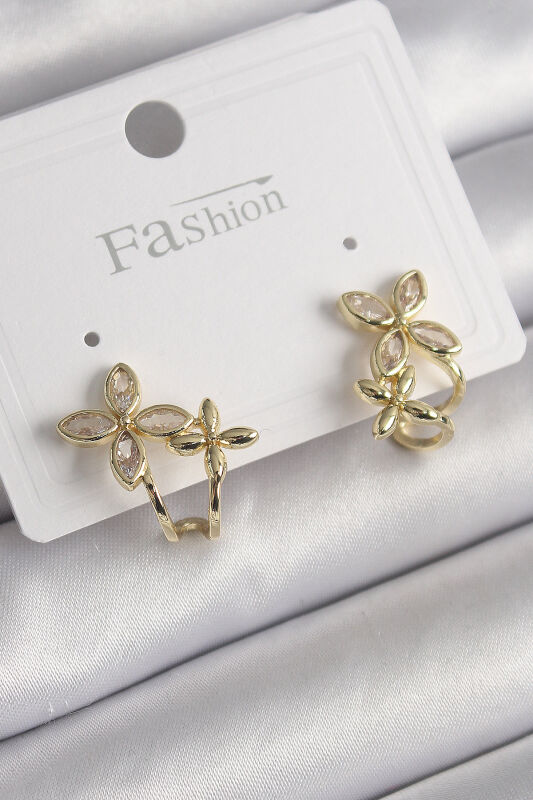 Pirinç Gold Renk Zirkon Taşlı 2'Li Çiçek Model Kadın Küpe - EBJ250113W30483 - 1