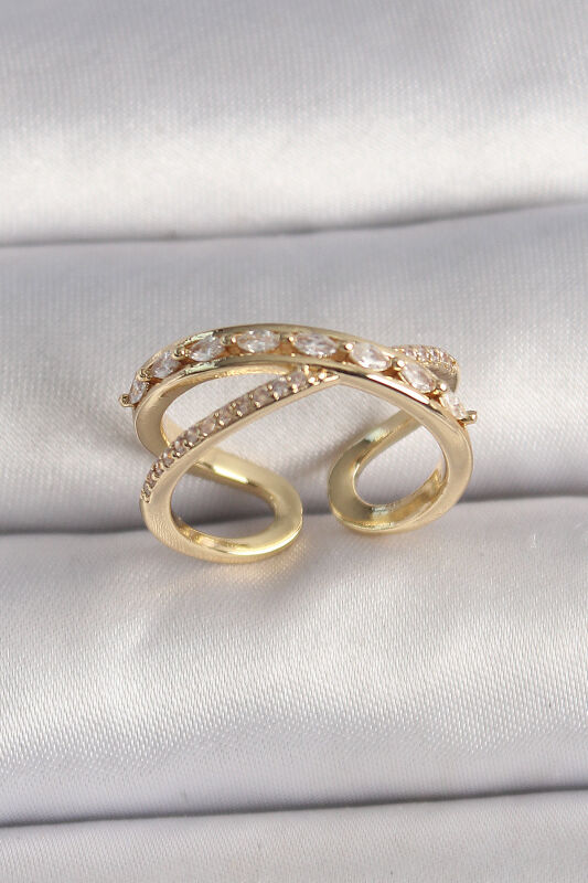 Pirinç Gold Renk Zirkon Taşlı Ayarlanabilir Kadın Yüzük - EBJ250113W30597 - 1
