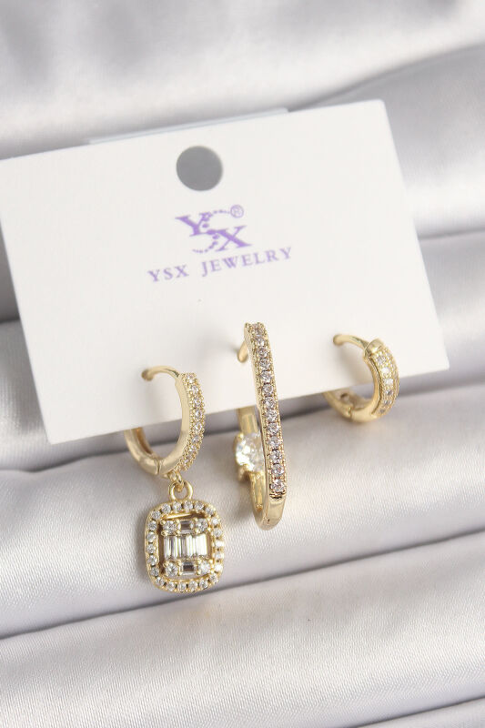 Pirinç Gold Renk Zirkon Taşlı Baget Halka Model 3'Lü Kadın Kombin Küpe - EBJ250501W33519 - 1
