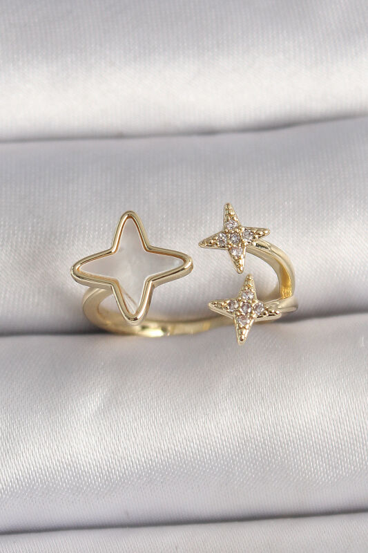 Pirinç Gold Renk Zirkon Taşlı Beyaz Mineli Zirkon Taşlı Ayarlanabilir Yüzük - EBJ250113W30573 - 1