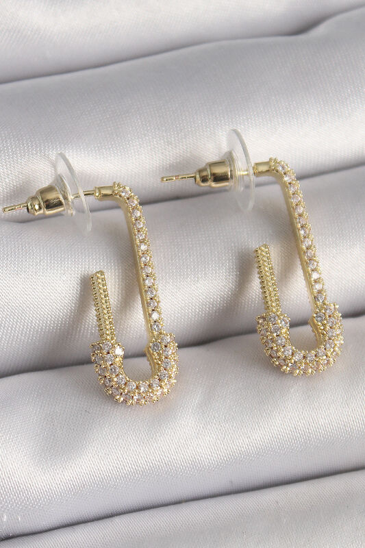 Pirinç Gold Renk Zirkon Taşlı Çengelli İğne Model Kadın Küpe - EBJ241228W30238 - 1