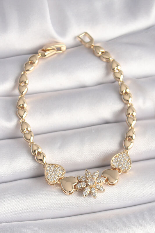 Pirinç Gold Renk Zirkon Taşlı Çiçek Figür Kalp Zincir Model Kadın Bileklik - EBJ250308W31941 - 1