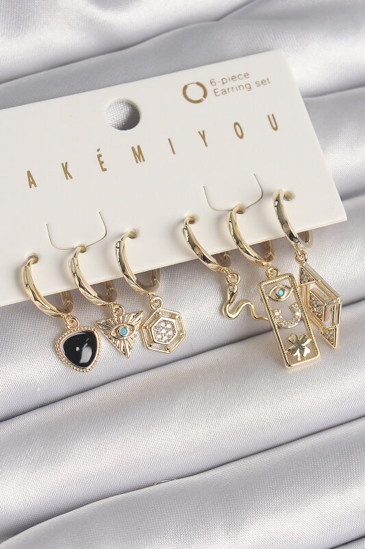 Pirinç Gold Renk Zirkon Taşlı Çoklu Sallantı Figür VIP Seri Kadın Küpe Seti - EBJ250301W31488 - 1