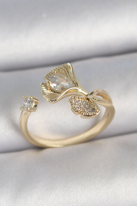 Pirinç Gold Renk Zirkon Taşlı Deniz Kabuğu Model Ayarlanabilir Kadın Yüzük - EBJ250501W33635 - 1