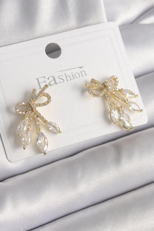 Pirinç Gold Renk Zirkon Taşlı Düğüm Model Damla Zirkon Taşlı Kadın Küpe - EBJ250113W30493 - 1