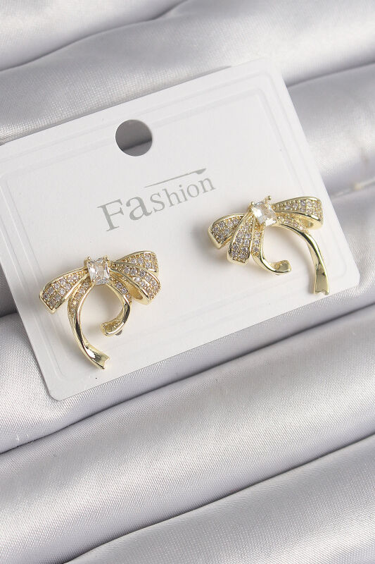 Pirinç Gold Renk Zirkon Taşlı Fiyonk Model Kadın Küpe - EBJ250113W30521 - 1