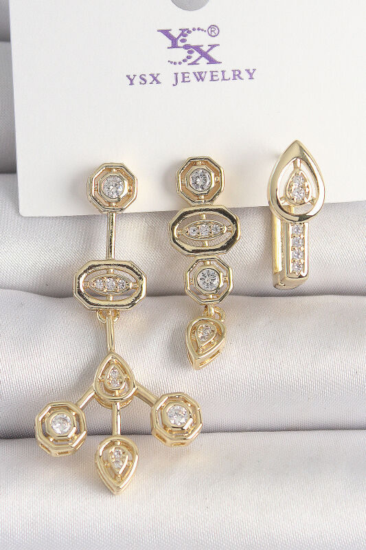Pirinç Gold Renk Zirkon Taşlı Geometrik Model 3'Lü Kadın Kombin Küpe - EBJ250501W33123 - 1