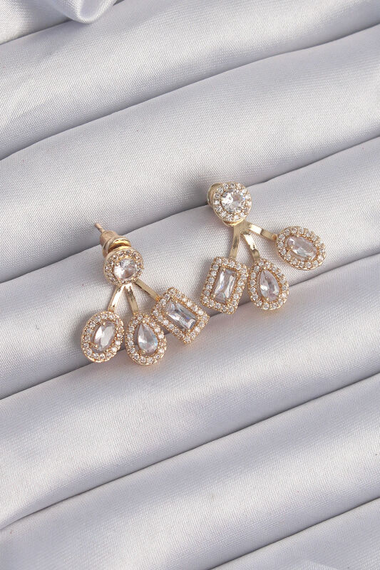 Pirinç Gold Renk Zirkon Taşlı Geometrik Model Küpe - EBJ240820W26548 - 1