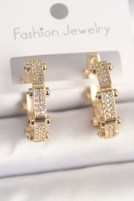 Pirinç Gold Renk Zirkon Taşlı Halka Model Kadın Küpe - EBJ250412W32572 - 1