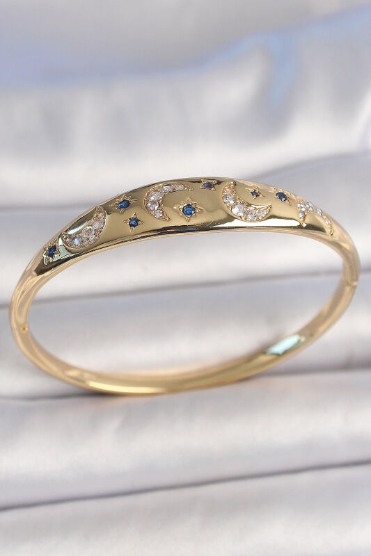 Pirinç Gold Renk Zirkon Taşlı Hilal İşleme Mavi Taşlı Yıldız Detay Kadın Kelepçe - EBJ250501W33114 - 1