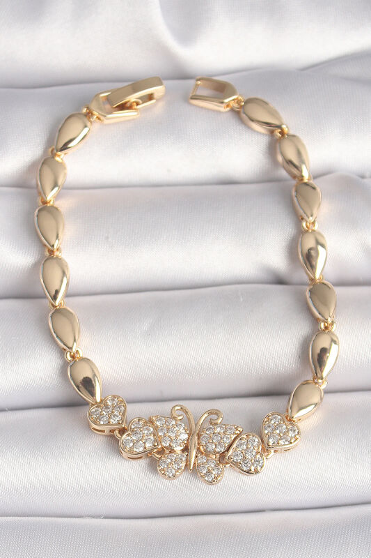 Pirinç Gold Renk Zirkon Taşlı Kelebek Figür Damla Zincir Model Kadın Bileklik - EBJ250308W31949 - 1