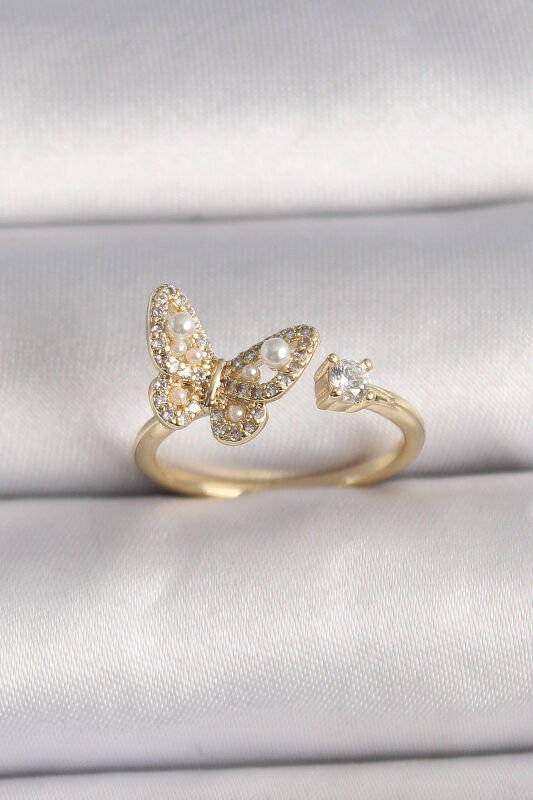 Pirinç Gold Renk Zirkon Taşlı Kelebek Model İnci Detay Ayarlanabilir Yüzük - EBJ250113W30553 - 1