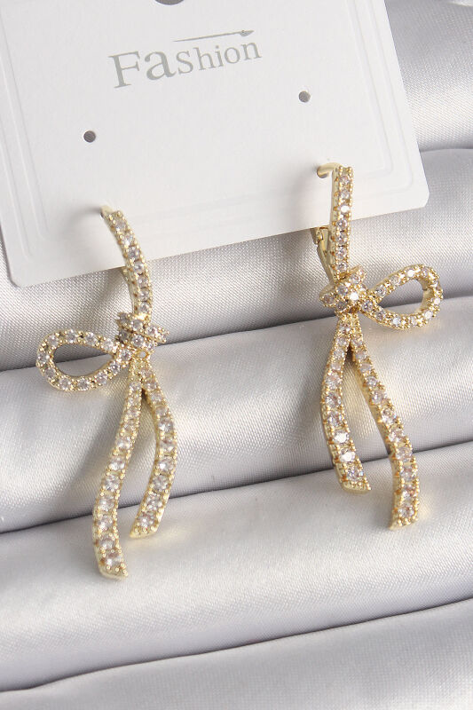 Pirinç Gold Renk Zirkon Taşlı Kurdele Model Kadın Küpe - EBJ241228W30198 - 1