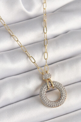 Pirinç Gold Renk Zirkon Taşlı Madalyon Model Kadın Kolye - EBJ250301W31670 - 1