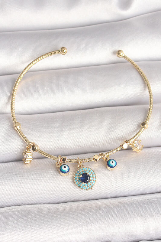 Pirinç Gold Renk Zirkon Taşlı Nazar Boncuk Detay Charm Kadın Bileklik - EBJ250501W32805 - 1