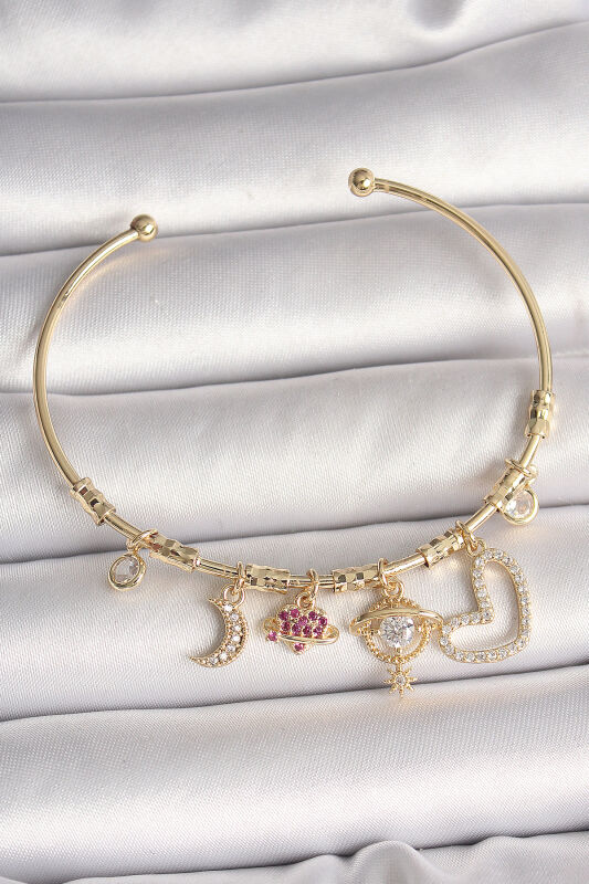 Pirinç Gold Renk Zirkon Taşlı Sallantı Gezegen Model Yıldız Detay Charm Kadın Bileklik - EBJ250501W32814 - 1